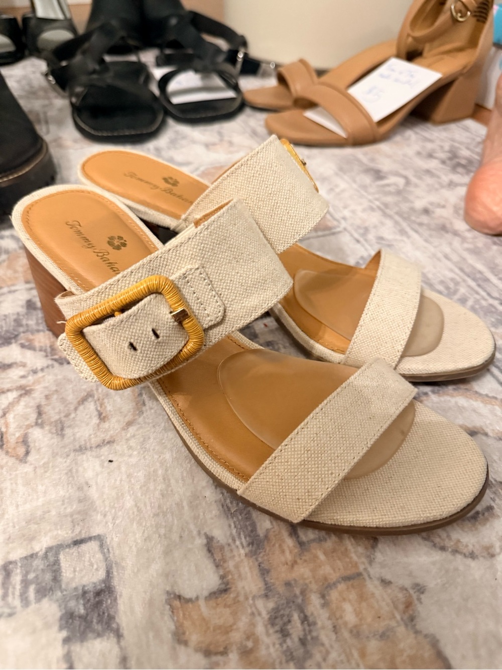 Tommy Bahama Beige Linen Buckle Block Heel Sandals